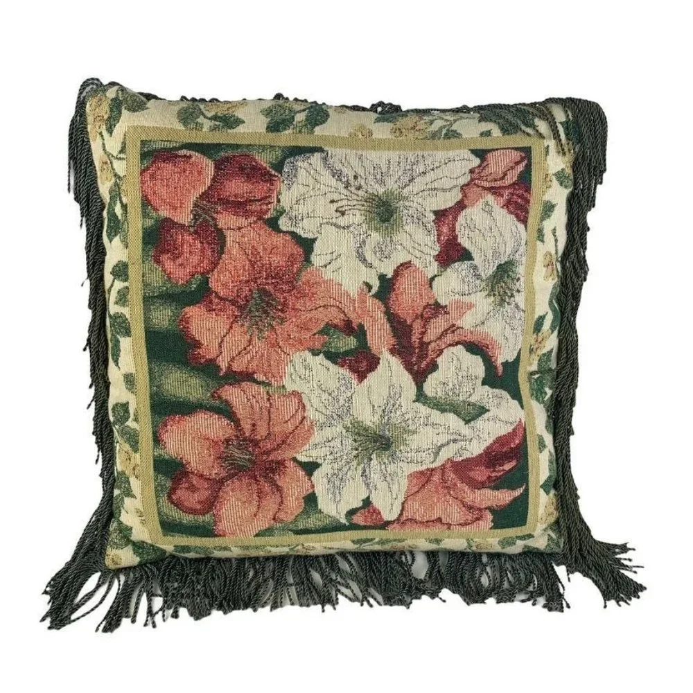 Square Floral Tapestry Throw Pillow Fringe Lillies 14.5